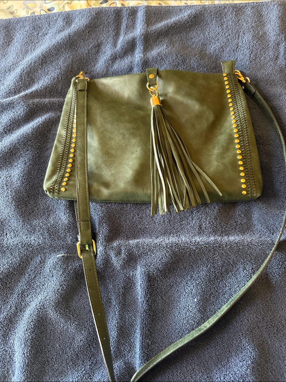 Olive Green Tassel Crossbody Bag with Gold Stud Trim